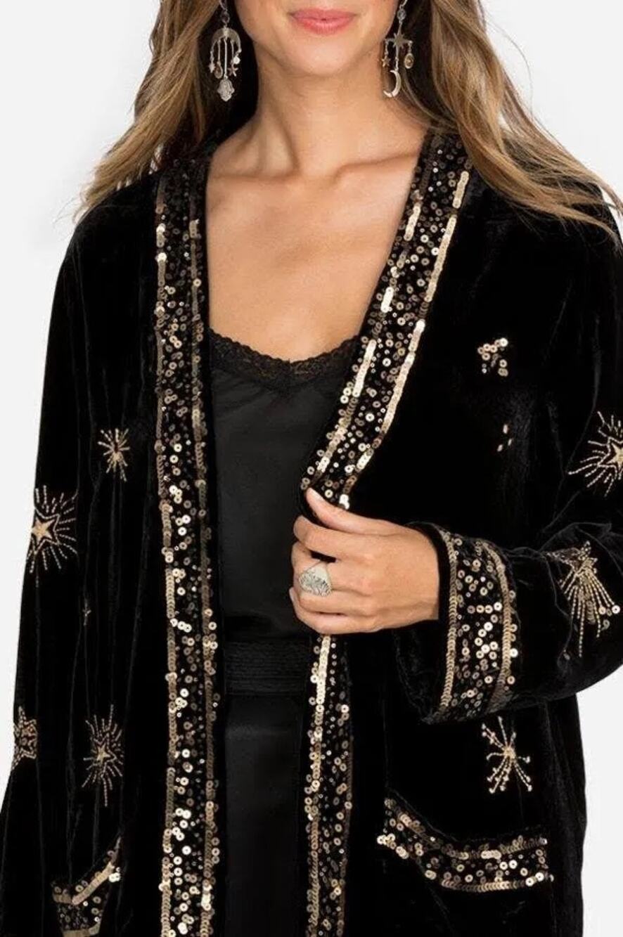 Johnny Was Long Sleeve Aruna Velvet Black Sequins Smoking Jacket Sz XS